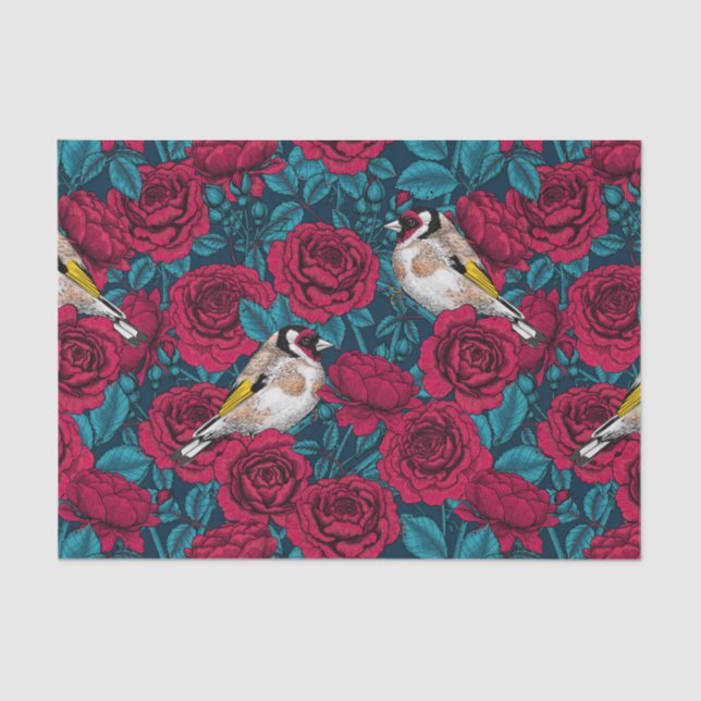 Red Rose flowers and goldfinch birds Tissue Paper (Front)