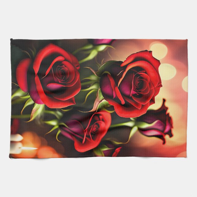 Red Rose Flowers Digital Artwork-58567 Tea Towel (Horizontal)