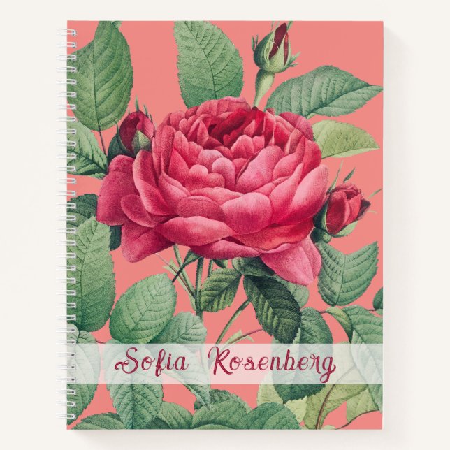 Red Rose Flowers with Green Leaves Monogram Notebook (Front)