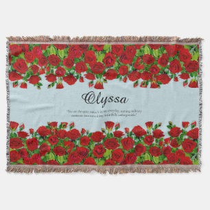 Red Rose Garden Floral Custom Name Romantic Throw Blanket