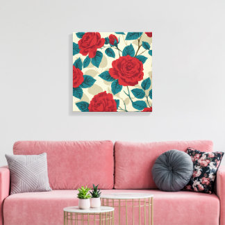 Red Rose Garden Pattern - Vintage Floral Art Canvas Print