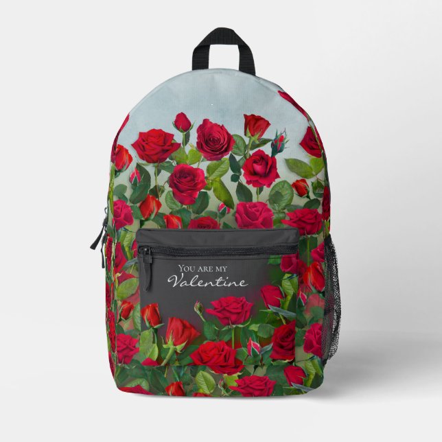 Red Rose Garden Valentine Floral Custom Text Printed Backpack (Front)