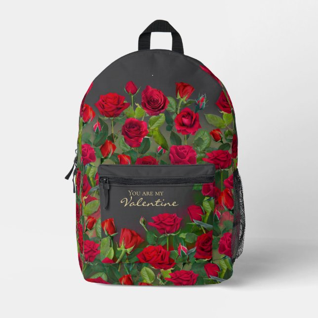 Red Rose Garden Valentine Floral Custom Text Printed Backpack (Front)