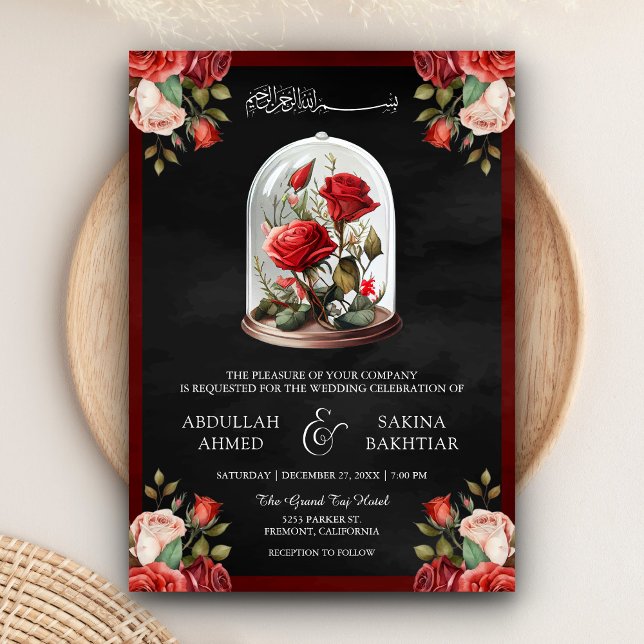 Red Rose Glass Dome QR Code Black Muslim Wedding Invitation (Creator Uploaded)
