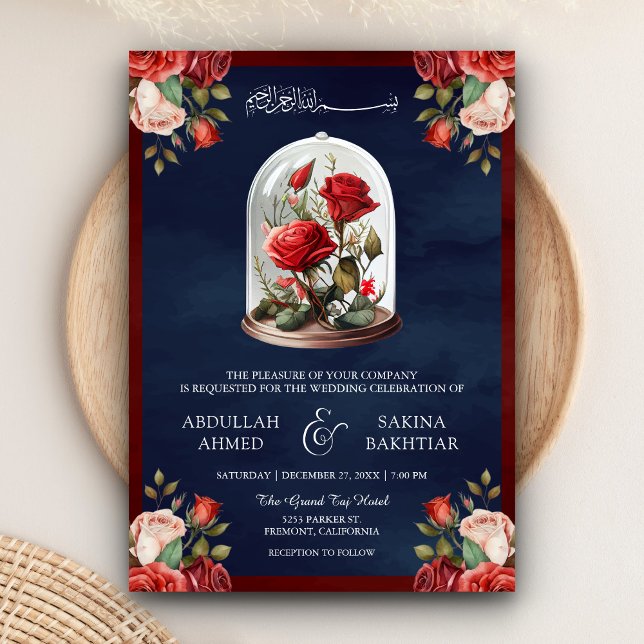 Red Rose Glass Dome QR Code Navy Muslim Wedding Invitation (Creator Uploaded)