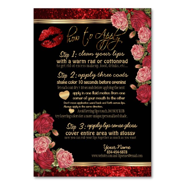 Red Rose Glitter - Black - Lip Instructions Flyer Table Number (Front)