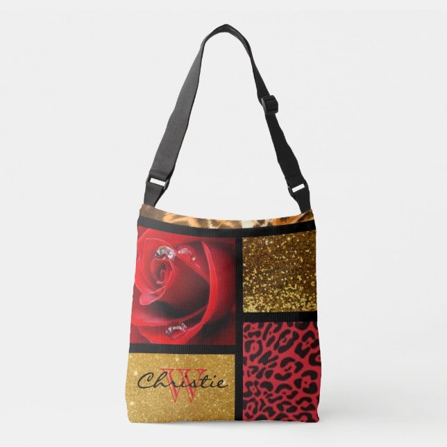 Red Rose Glitter Gold Leopard Collage Crossbody Bag (Front)