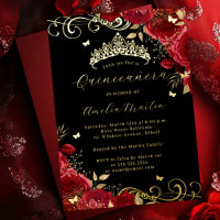 Red Rose Gold Black Floral Swirl Quinceanera  