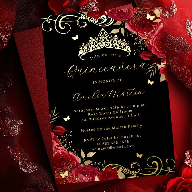 Red Rose Gold Black Floral Swirl Quinceanera   (Creator Uploaded)