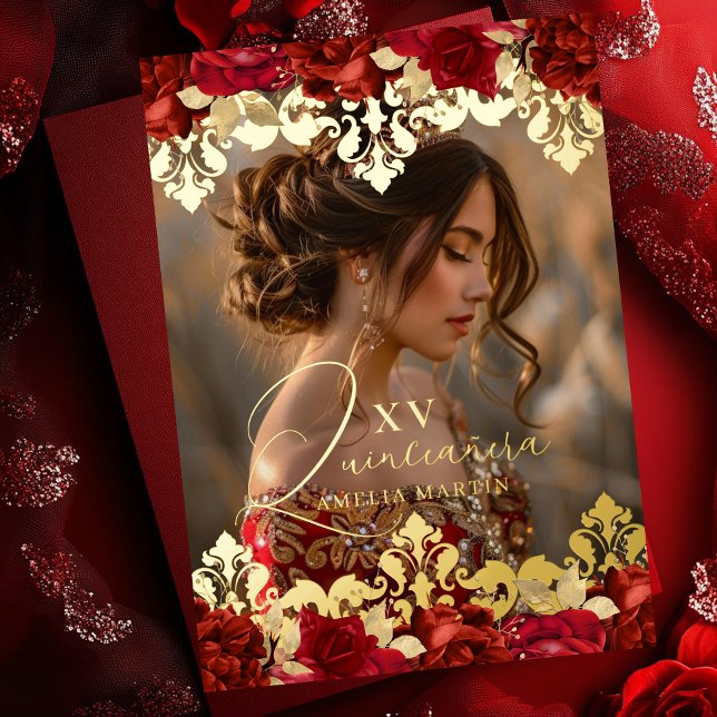 Red Rose Gold Damask Floral Photo Quinceanera (Creator Uploaded)