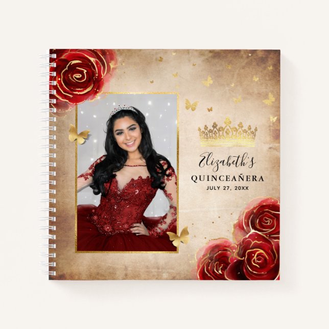 Red Rose Gold Elegant Photo Quinceanera Guest Notebook (Front)