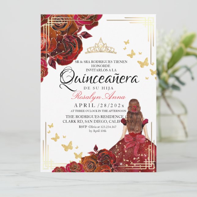 Red Rose Gold Elegant Princess Quinceañera Invitation (Standing Front)