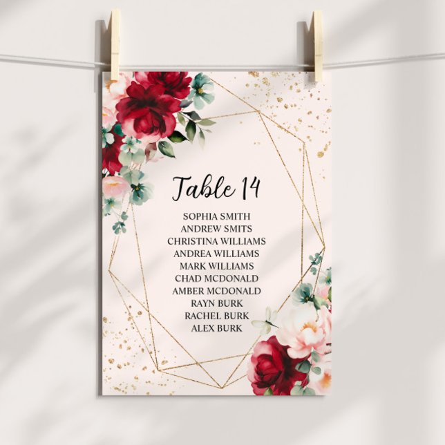 Red Rose & Gold Floral Wedding Seating Chart Cards (Creator Uploaded)