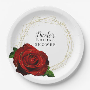 Red Rose Gold Geometric Glam Bridal Shower Paper Plate