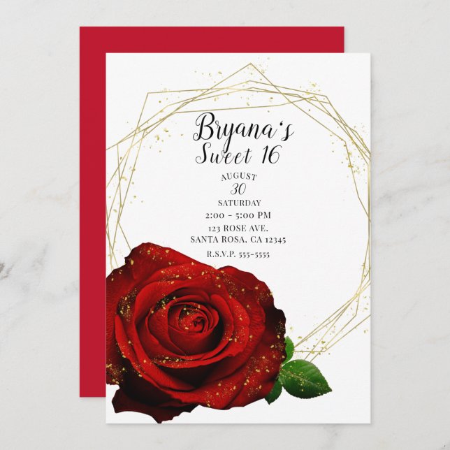 Red Rose Gold Geometric Glam Sweet 16 Party Invitation (Front/Back)