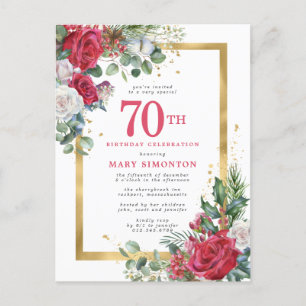 Red Rose Gold Holly 70th Birthday Invitation Postcard