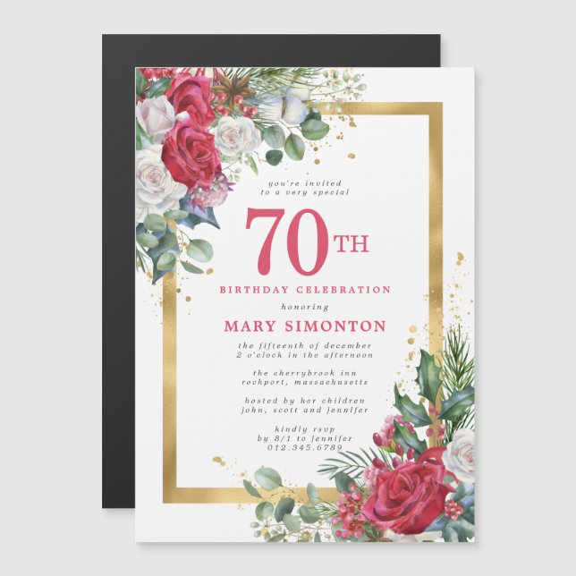 Red Rose Gold Holly 70th Birthday Magnetic Invitation (Front/Back)