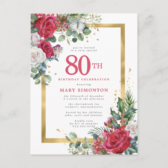 Red Rose Gold Holly 80th Birthday Invitation Postcard (Front)