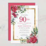 Red Rose Gold Holly 90th Birthday Invitation<br><div class="desc">Beautiful red and white roses are nestled in holly and eucalyptus leaves to create an elegant floral display. They decorate a wide gold frame and are dappled with gold confetti dust. 90th birthday celebration and the person's name is written in a large red text. All of the text can be...</div>