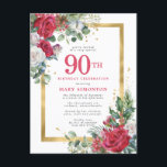 Red Rose Gold Holly 90th Birthday Invitation Postcard<br><div class="desc">Beautiful red and white roses are nestled in holly and eucalyptus leaves to create an elegant floral display. They decorate a wide gold frame and are dappled with gold confetti dust. 90th birthday celebration and the person's name is written in a large red text. There is more room on the...</div>