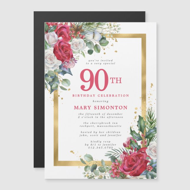 Red Rose Gold Holly 90th Birthday Magnetic Invitation (Front/Back)