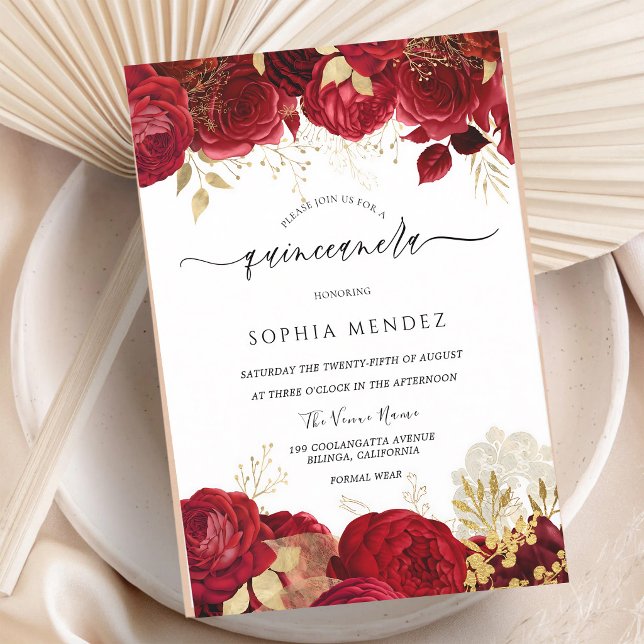 Red Rose Gold Leaf Quinceanera Invitation (Creator Uploaded)