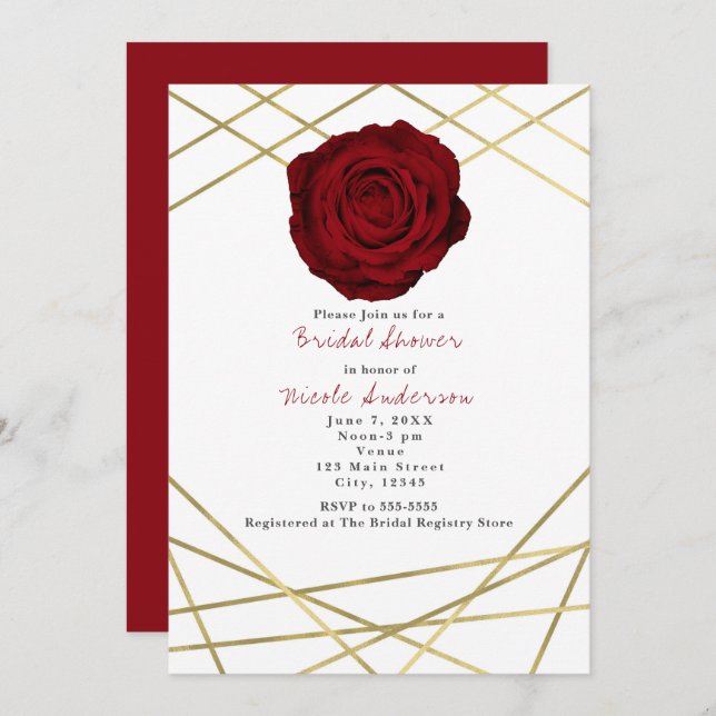 Red Rose & Gold Lines Floral Elegant Invitation (Front/Back)