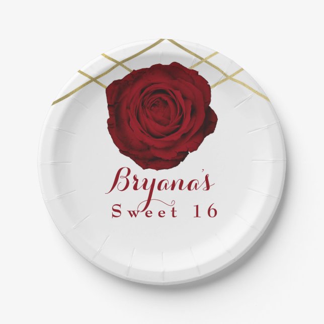 Red Rose & Gold Lines Floral Elegant Party Custom Paper Plate (Front)