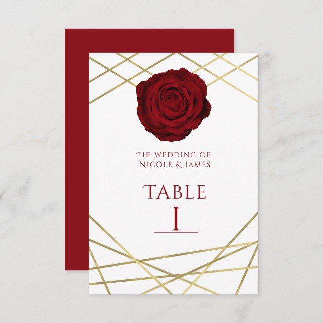 Red Rose & Gold Lines Floral Elegant Table Number (Front/Back)