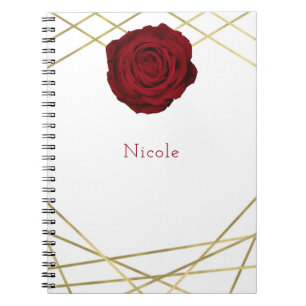 Red Rose & Gold Lines Floral Geometric Glam Custom Spiral Notebook