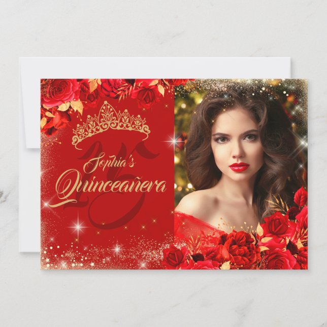 Red Rose Gold Quinceanera Floral Photo  Invitation (Front)