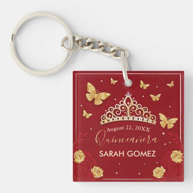  Red Rose Gold Quinceanera  Key Ring (Front)