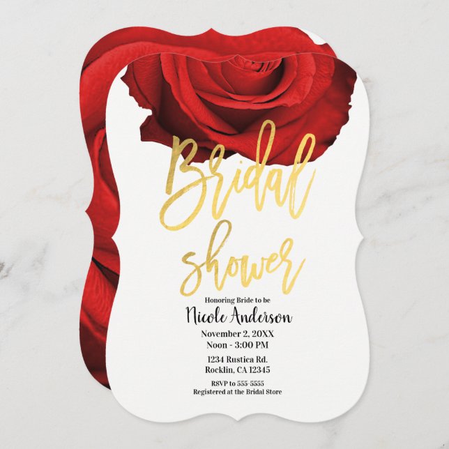 Red Rose Gold Script Modern Trendy Bridal Shower Invitation (Front/Back)
