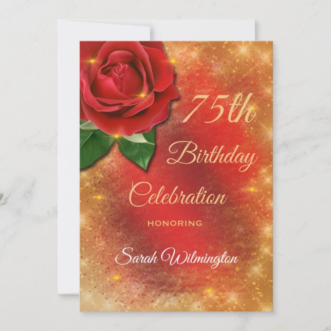 Red Rose Gold Sparkle Satin 75th Birthday Invitation (Front)