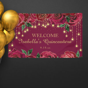 Red Rose Gold Stars Quinceañera Welcome Banner