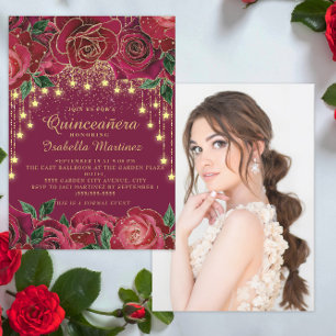 Red Rose Gold String Light Star Photo Quinceañera Invitation