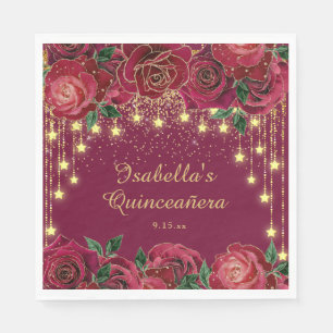 Red Rose Gold String Light Stars Quinceañera Napkin