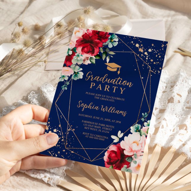 Red Rose & Gold Watercolor Graduation Party  Invitation (Creator Uploaded)