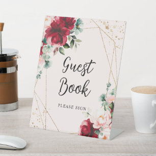 Red Rose & Gold Watercolor Shower Guest Book Sign