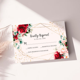 Red Rose & Gold Watercolor Wedding RSVP Card