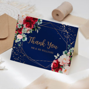 Red Rose & Gold Watercolor Wedding Thank You Card