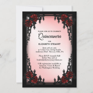 Red Rose Gothic Quinceañera Iron Gate Pink Invitation