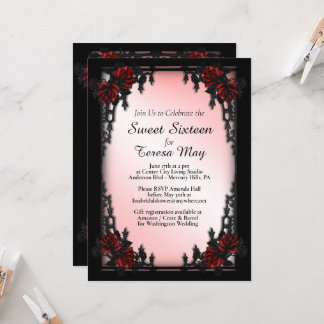 Red Rose Gothic Sweet Sixteen Iron Gate Pink Invitation
