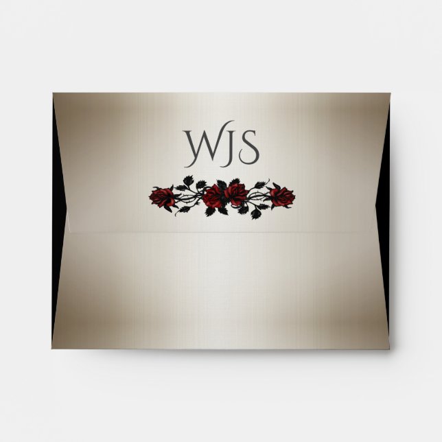 Red Rose Gothic Wedding Monogram Antique Gold Envelope (Back (Top Flap))