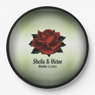 Red Rose Gothic Wedding Names and Date Green  Paper Plate