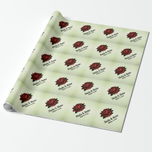 Red Rose Gothic Wedding Names and Date Green  Wrapping Paper