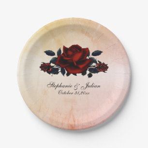 Red Rose Gothic Wedding Names and Date Peach Paper Plate