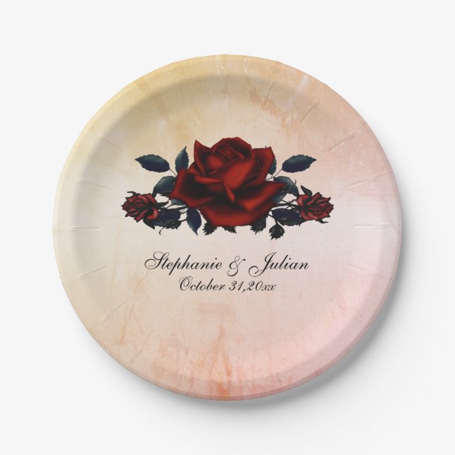 Red Rose Gothic Wedding Names and Date Peach  Paper Plate (Front)