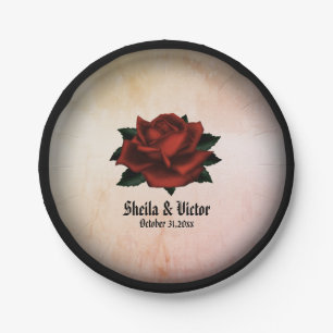 Red Rose Gothic Wedding Names and Date Peach  Paper Plate