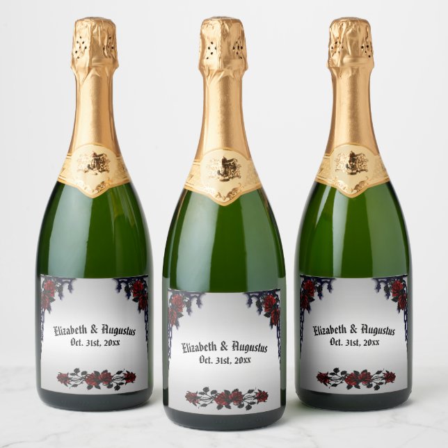 Red Rose Gothic Wedding  Personalised  Iron Gate Sparkling Wine Label (Bottles)